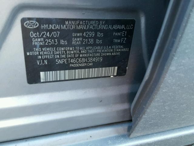 5NPET46C68H384919 - 2008 HYUNDAI SONATA GLS GRAY photo 10