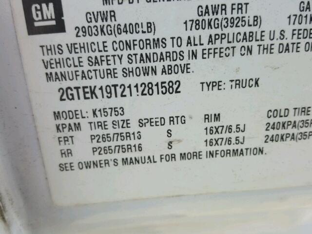 2GTEK19T211281582 - 2001 GMC NEW SIERRA SILVER photo 10