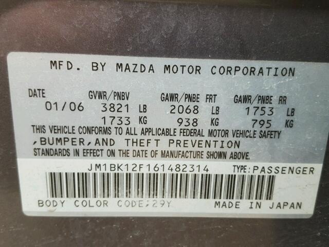 JM1BK12F161482314 - 2006 MAZDA 3 I GRAY photo 10