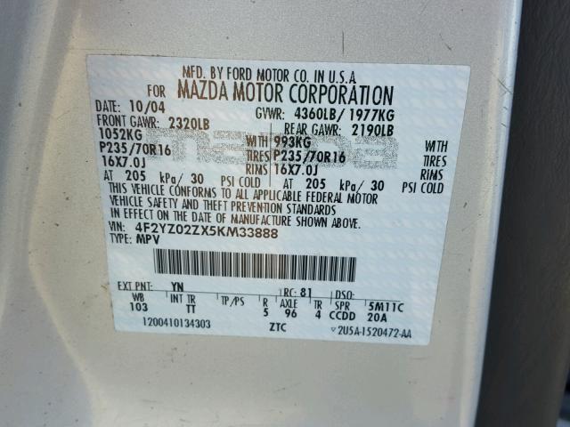 4F2YZ02ZX5KM33888 - 2005 MAZDA TRIBUTE I SILVER photo 10