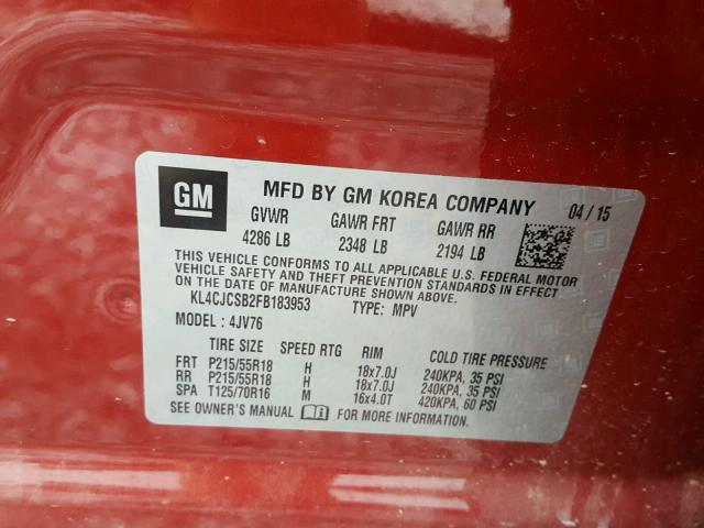 KL4CJCSB2FB183953 - 2015 BUICK ENCORE RED photo 10