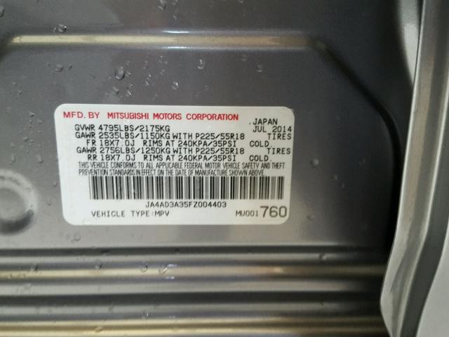 JA4AD3A35FZ004403 - 2015 MITSUBISHI OUTLANDER GRAY photo 10