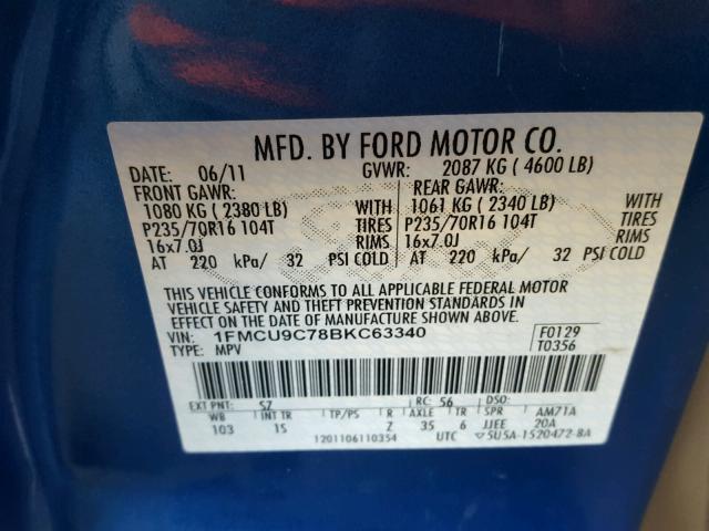 1FMCU9C78BKC63340 - 2011 FORD ESCAPE XLS BLUE photo 10