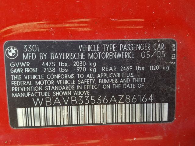 WBAVB33536AZ86164 - 2006 BMW 330 I RED photo 10