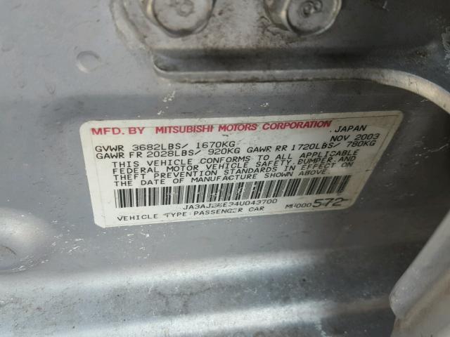 JA3AJ26E34U043700 - 2004 MITSUBISHI LANCER ES SILVER photo 10