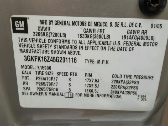 3GKFK16Z45G201116 - 2005 GMC YUKON XL K SILVER photo 10