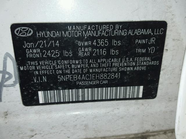 5NPEB4AC1EH882841 - 2014 HYUNDAI SONATA GLS WHITE photo 10