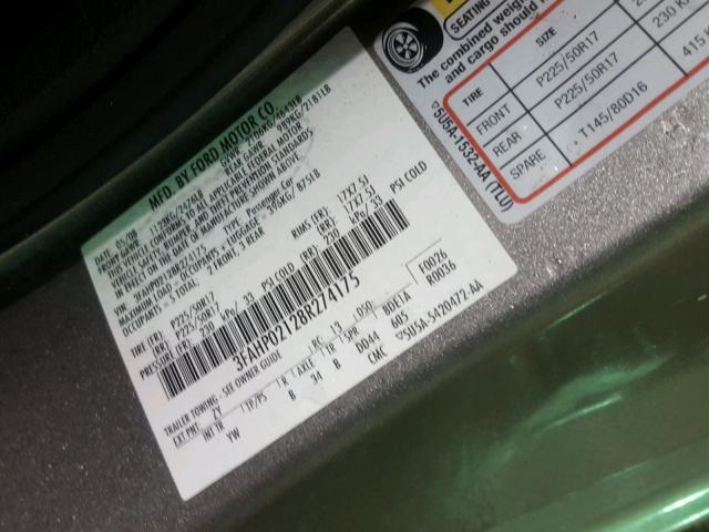 3FAHP02128R274175 - 2008 FORD FUSION SEL GRAY photo 10