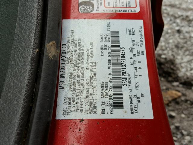 3FAHP07137R104575 - 2007 FORD FUSION SE RED photo 10