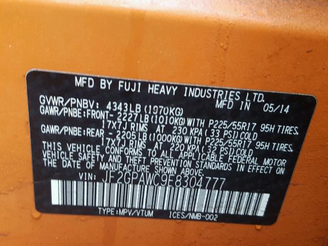 JF2GPAWC9E8304777 - 2014 SUBARU XV CROSSTR ORANGE photo 10