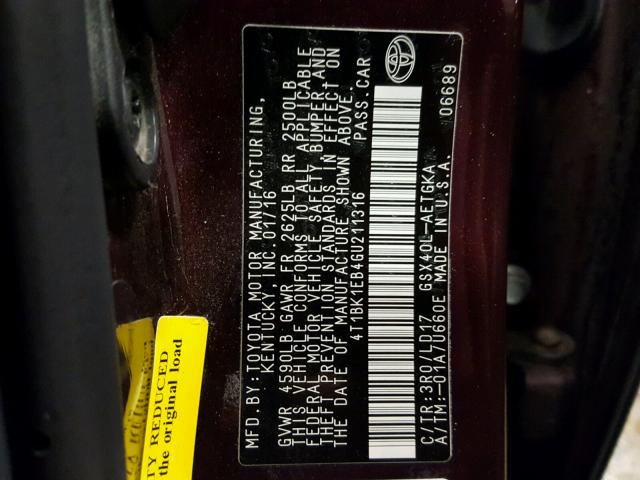 4T1BK1EB4GU211316 - 2016 TOYOTA AVALON XLE BURGUNDY photo 10