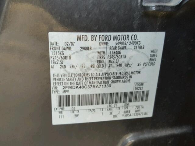 2FMDK48C37BA71330 - 2007 FORD EDGE SEL GRAY photo 10