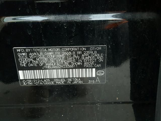 JTHBJ46G292338811 - 2009 LEXUS ES 350 BLACK photo 10