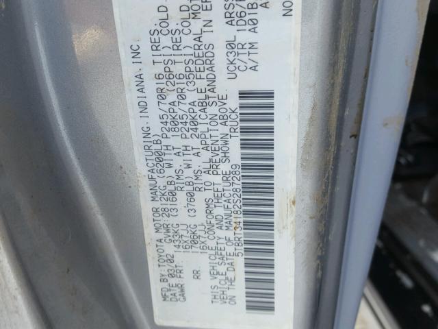 5TBRT34182S287289 - 2002 TOYOTA TUNDRA ACC SILVER photo 10