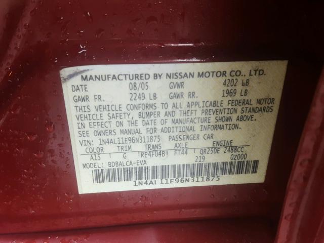 1N4AL11E96N311875 - 2006 NISSAN ALTIMA S RED photo 10