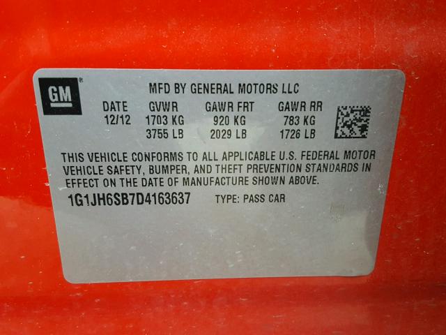 1G1JH6SB7D4163637 - 2013 CHEVROLET SONIC RS RED photo 10