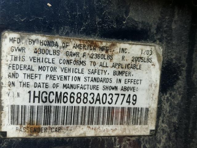 1HGCM66883A037749 - 2003 HONDA ACCORD EX BLUE photo 10