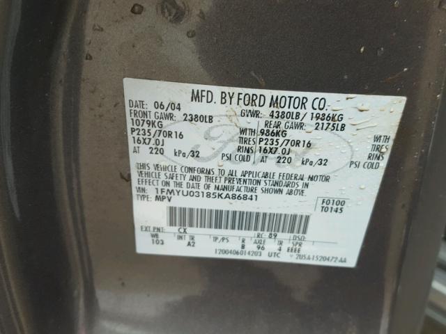 1FMYU03185KA86841 - 2005 FORD ESCAPE XLT GRAY photo 10