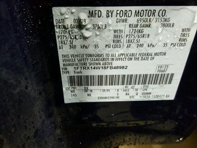 1FTRX14W18FB48982 - 2008 FORD F150 BLUE photo 10