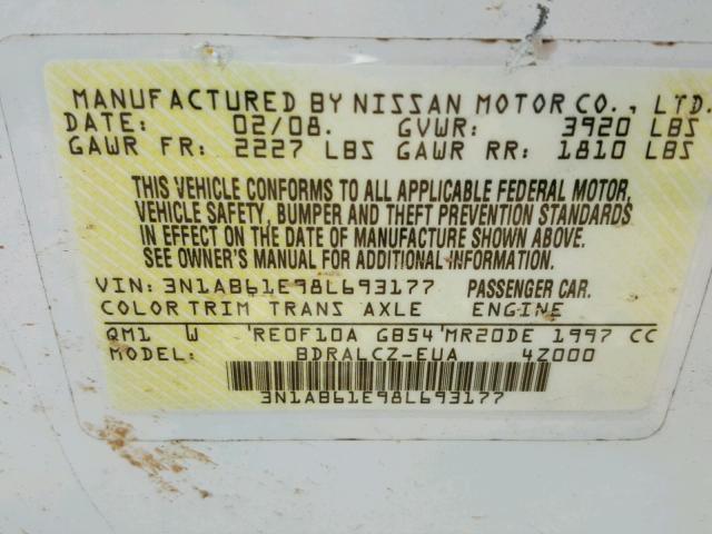 3N1AB61E98L693177 - 2008 NISSAN SENTRA 2.0 WHITE photo 10