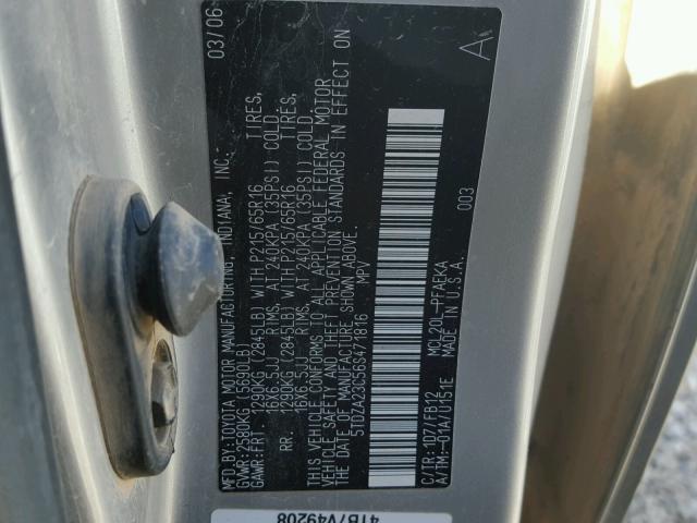 5TDZA23C56S471816 - 2006 TOYOTA SIENNA CE SILVER photo 10