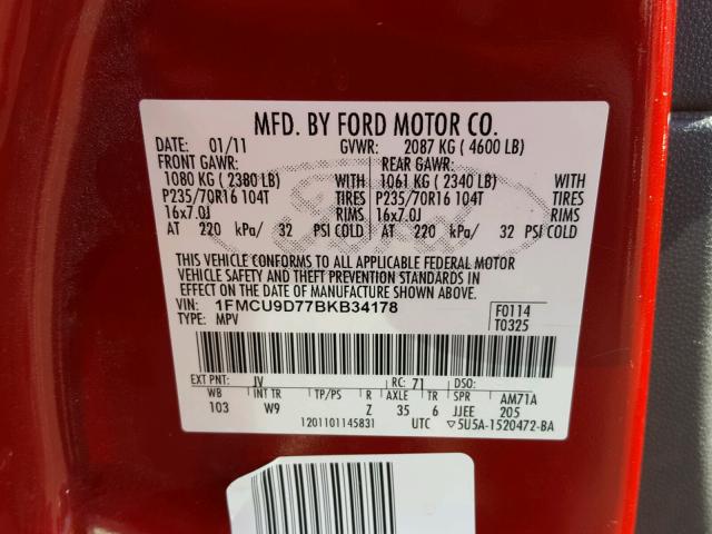 1FMCU9D77BKB34178 - 2011 FORD ESCAPE XLT RED photo 10