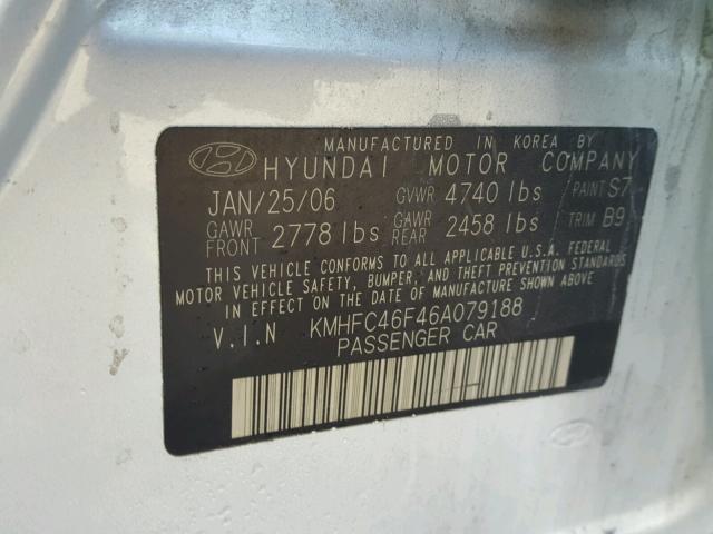 KMHFC46F46A079188 - 2006 HYUNDAI AZERA SE GRAY photo 10