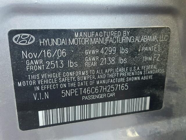 5NPET46C67H257165 - 2007 HYUNDAI SONATA GLS GRAY photo 10