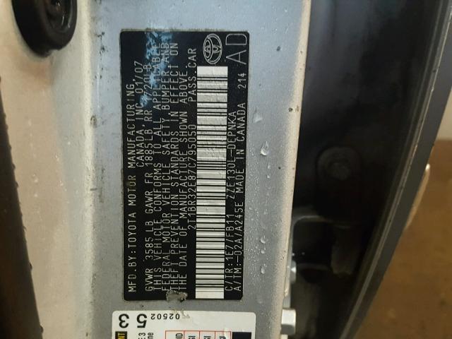 2T1BR32E87C795050 - 2007 TOYOTA COROLLA CE SILVER photo 10