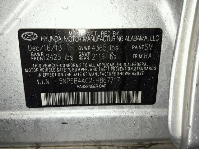 5NPEB4AC2EH867717 - 2014 HYUNDAI SONATA GLS SILVER photo 10