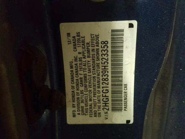 2HGFG12839H523358 - 2009 HONDA CIVIC EX 蓝色 照片 10