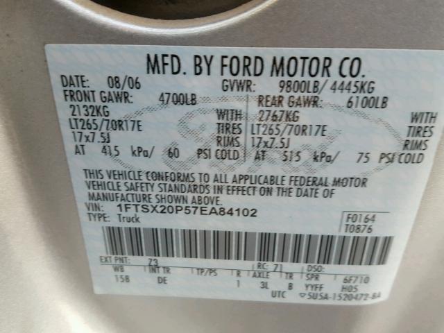 1FTSX20P57EA84102 - 2007 FORD F250 SUPER GRAY photo 10