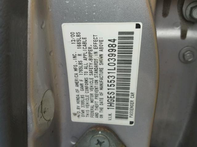 1HGES15531L039984 - 2001 HONDA CIVIC LX SILVER photo 10