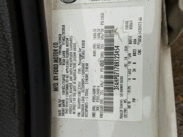 3FAHP07178R123454 - 2008 FORD FUSION SE WHITE photo 10