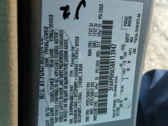 3FAHP0HA5BR113947 - 2011 FORD FUSION SE SILVER photo 10