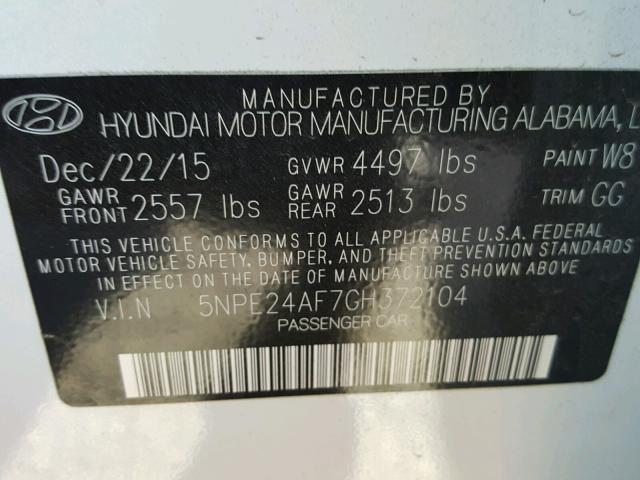 5NPE24AF7GH372104 - 2016 HYUNDAI SONATA SE WHITE photo 10