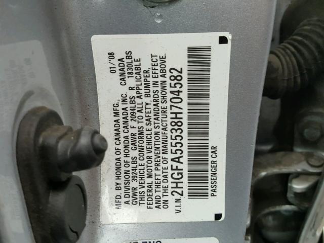 2HGFA55538H704582 - 2008 HONDA CIVIC SI SILVER photo 10