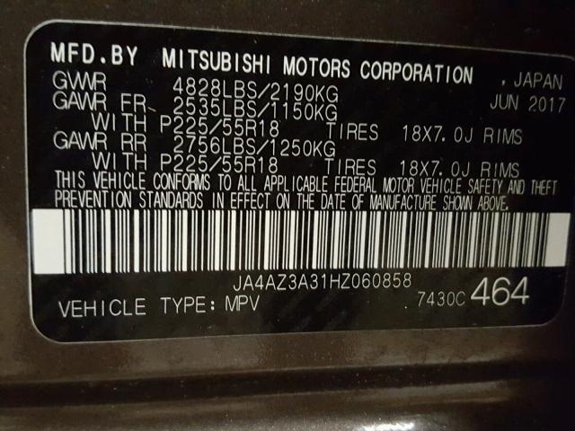 JA4AZ3A31HZ060858 - 2017 MITSUBISHI OUTLANDER GRAY photo 10