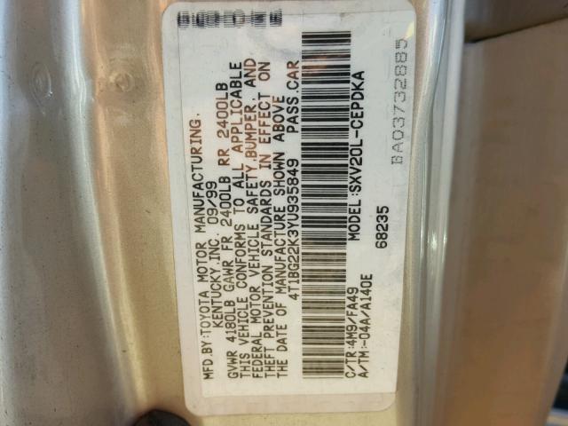 4T1BG22K3YU935849 - 2000 TOYOTA CAMRY CE GOLD photo 10