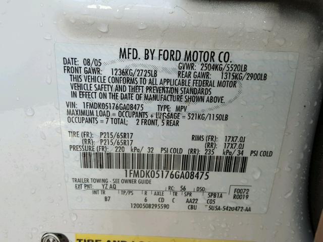 1FMDK05176GA08475 - 2006 FORD FREESTYLE WHITE photo 10