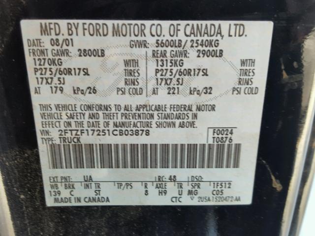 2FTZF17251CB03878 - 2001 FORD F150 BLACK photo 10