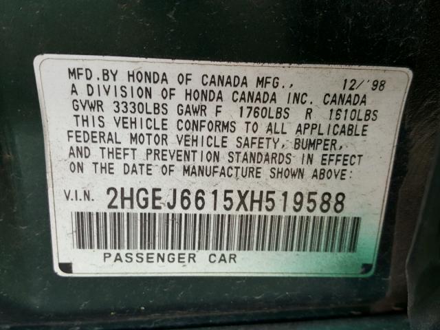 2HGEJ6615XH519588 - 1999 HONDA CIVIC BASE Yaşıl foto 10