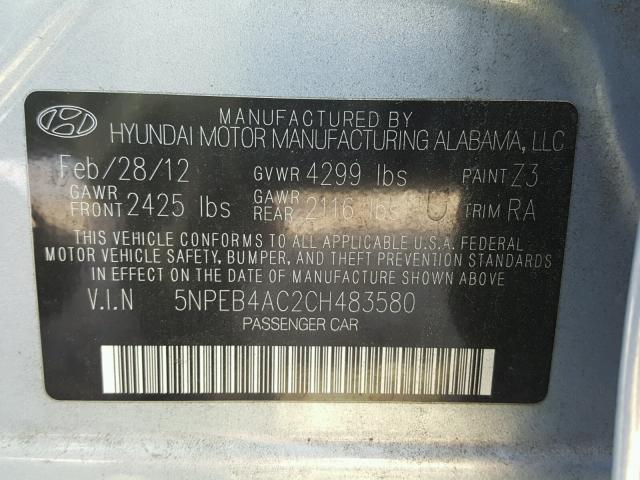 5NPEB4AC2CH483580 - 2012 HYUNDAI SONATA GLS BLUE photo 10