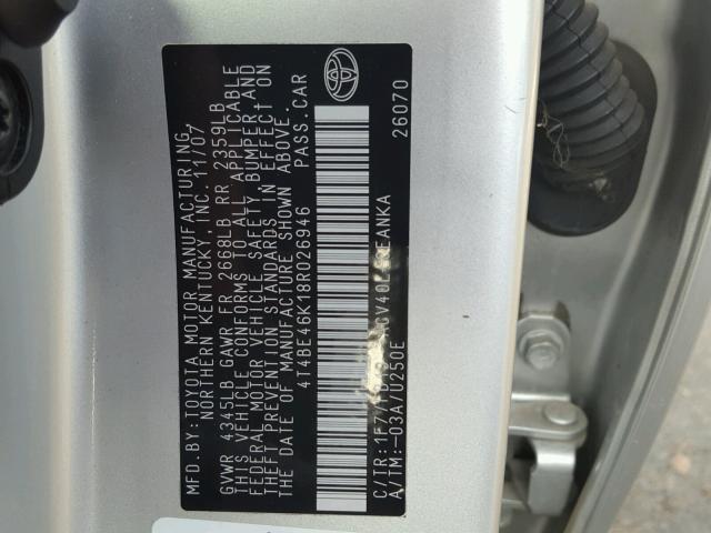 4T4BE46K18R026946 - 2008 TOYOTA CAMRY CE SILVER photo 10