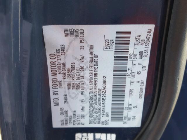 1FMEU63E26ZA03602 - 2006 FORD EXPLORER X BLUE photo 10