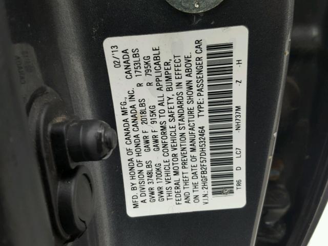 2HGFB2F57DH532464 - 2013 HONDA CIVIC LX GRAY photo 10