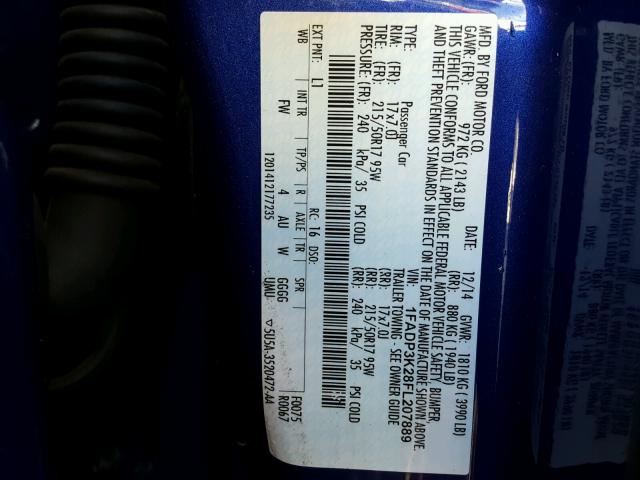 1FADP3K28FL207889 - 2015 FORD FOCUS SE BLUE photo 10