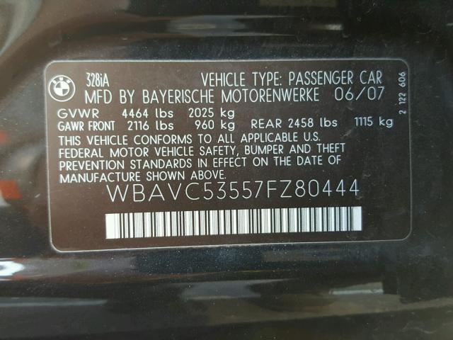 WBAVC53557FZ80444 - 2007 BMW 328 I SULE BLACK photo 10