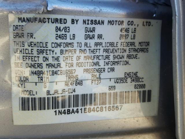 1N4BA41E84C816567 - 2004 NISSAN MAXIMA SE SILVER photo 10