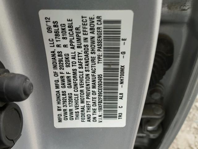 19XFB2F89CE093495 - 2012 HONDA CIVIC EX ვერცხლისფერი ფოტო 10
